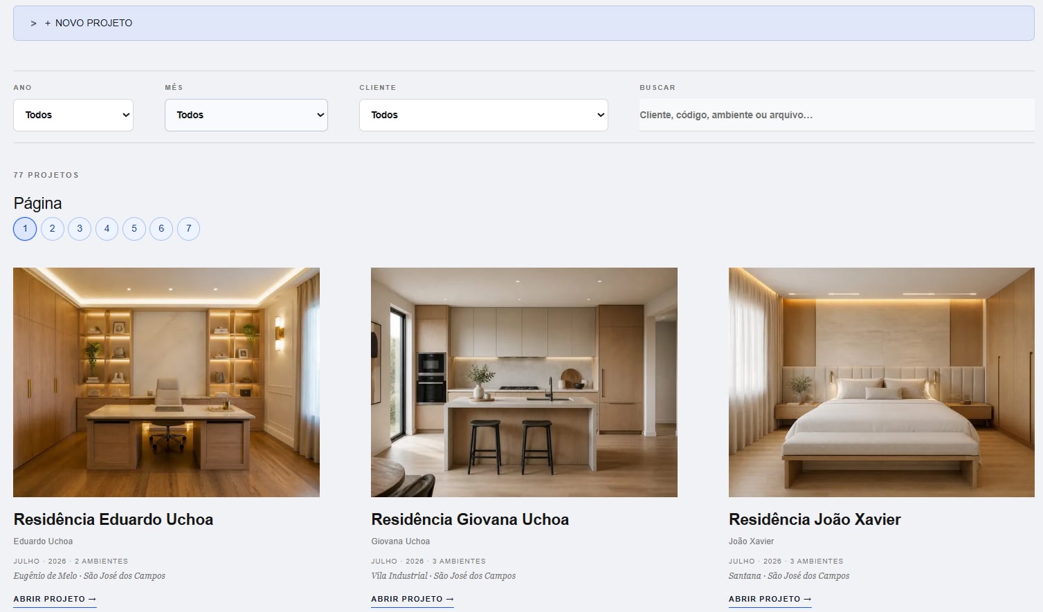Lista de projetos do NYTA Frame com filtros e acervo visual.